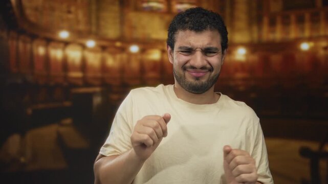 Man with curly hair and beard in beige shirt scrunches face under stained glass windows and wooden pews in church; disgust.