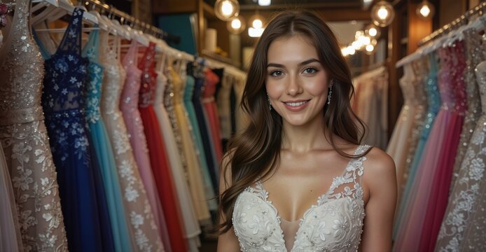 beautiful woman in wedding dress smiles amidst racks of formal gowns in a bridal boutique. - Powered by Adobe