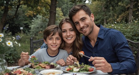 happy family enjoying a healthy lunch together outdoors in a garden setting.