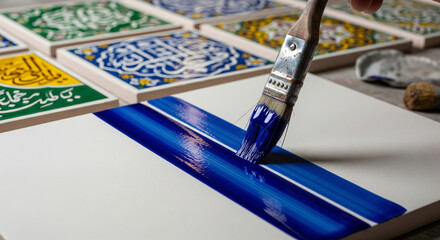Ceramic artist completes blue cobalt glaze on tile panel in Shi'ite Shrine