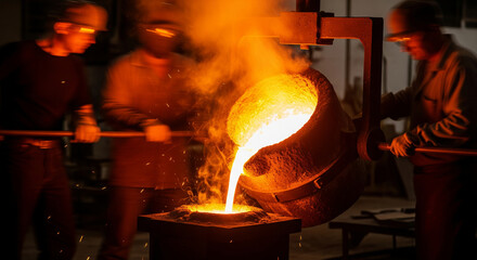 Molten bronze flowing from a crucible into sand mold during foundry pour for massive church bell at local workshop