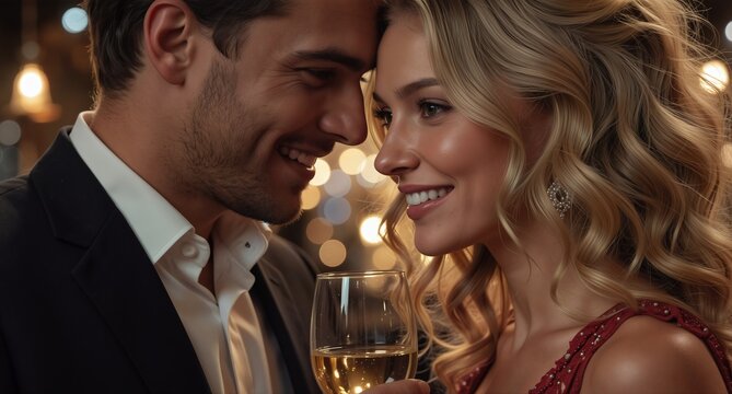 romantic couple toasting with champagne at a festive event, intimate moment, love and celebration.