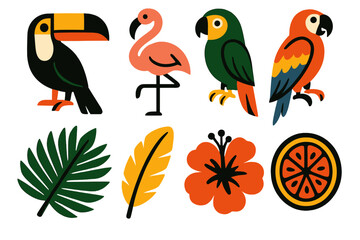 Obraz premium Bold Tropical Icons. Tropical Birds Set silhouette icon set: toucan, flamingo, parrot, macaw, palm leaf, feather, flower, fruit