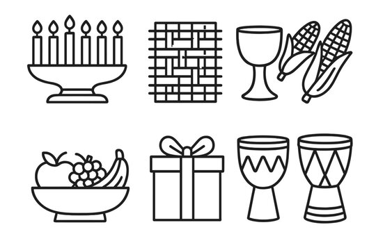 Kwanzaa Icons Display. Traditional Kwanzaa Set linear icon set. kinara, seven candles, mkeka mat, unity cup, corn ears, fruit bowl, gift box, African drum