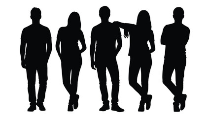 Group of five people silhouettes isolated on white background, Vector