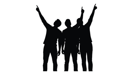 Three men pointing upward silhouette isolated on white background, Vector
