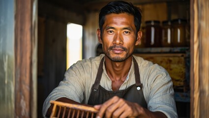 Man honey producer doorway rustic workshop stands proudly amid jars of honey