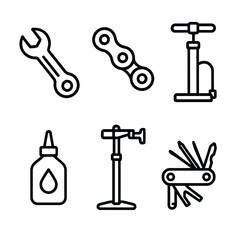 Fototapeta premium Bike Repair Icons. Bike Maintenance linear icon set. wrench, chain, tire pump, lubricant bottle, repair stand, multitool