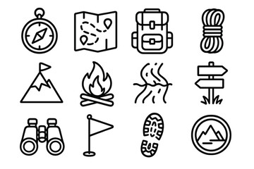 Adventure Icon Set. Adventure Elements linear icon set: compass icon, trail map sheet, sturdy backpack, climbing rope coil, mountain peak marker, campfire flame, river crossing