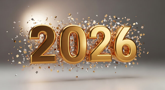 A celebratory graphic for the New Year 2026, featuring bold golden numbers surrounded by an explosion of sparkling confetti for a festive event