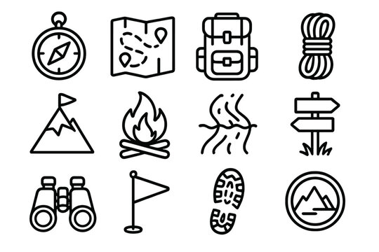 Adventure Icon Set. Adventure Elements linear icon set: compass icon, trail map sheet, sturdy backpack, climbing rope coil, mountain peak marker, campfire flame, river crossing