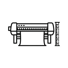Line art vector icon illustrating a large format printer producing banner output with size specifications