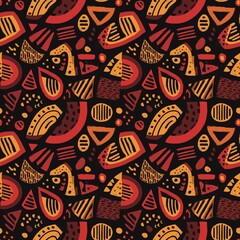 Seamless African tribal pattern with bold shapes, red, gold, black tones, hand-drawn style, high-quality textile print, popular worldwide design patterns seamless fabric pattern, textile background 