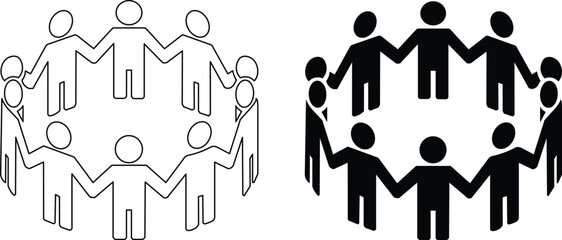 Circular groups of stick figures hold hands in a powerful symbol of unity community and teamwork one in black outline and the other a solid silhouette