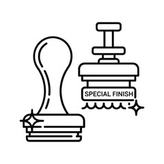Line art icon of a rubber stamp with text special finish and sparkles, isolated on