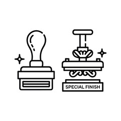 Set of two metallic stamp icons, one traditional handle and one press machine, isolated on