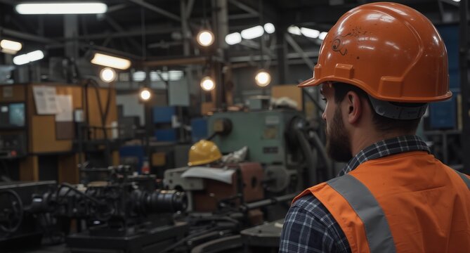 industrial worker in safety vest and helmet inspecting metalwork in factory workshop. - Powered by Adobe