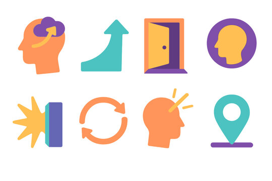 Mindset Shift Icons. Personal Transformation flat icon set: mindset shift bubble, growth arrow, open door, reflection circle, breakthrough spark, habit loop, clarity beam, progress