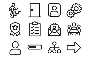 Career Icons Collection. Career Path Collection linear icon set: career ladder, opportunity door, professional profile, skill gears, certification badge, task list, hiring envelope