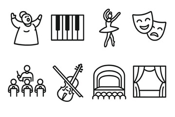 Fototapeta premium Performing Arts Icons. Performing Arts Collection linear icon set: opera singer, piano keys, ballet dancer, theater mask, orchestra pit, violin bow, concert hall, stage curtain