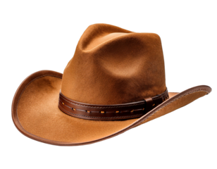 A brown felt cowboy hat with a dark brown leather band around the base of the crown is displayed on a white surface.