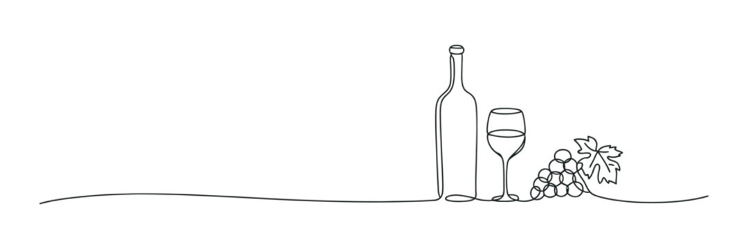Continuous line art drawing of a wine bottle, glass, and fresh grapes with a leaf, elegant minimalist design on white. Vector - Powered by Adobe