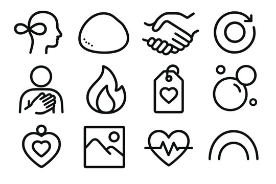 Self-Soothing Icon Set. Self-Soothing Techniques linear icon set: calm breath loop, grounding stone, warm connection line, gentle reset marker, supportive gesture hand, inner-peace
