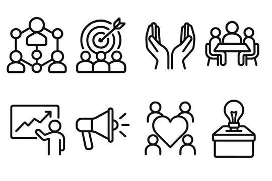 Social Collaboration Icons. Social Collaboration Set linear icon set: people network, shared goals, helping hands, group meeting, engagement graph, outreach megaphone, unity heart