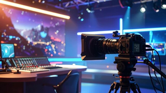 A professional studio setup featuring a broadcast camera, control panel, and background screen.