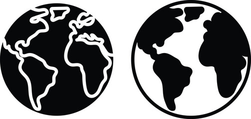 Planet Earth one with white continents on a black background and the other with black continents on white symbol silhouette vector