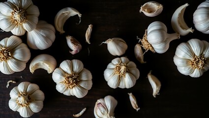 Generative AI image of fresh garlic bulbs and cloves on a dark surface.