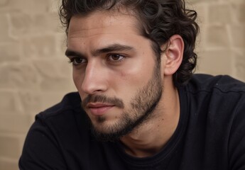 handsome young man with beard looking intensely at the camera in a casual portrait.