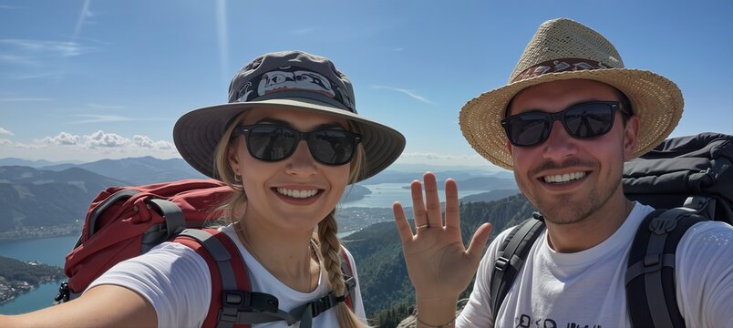 happy couple hikers with backpacks waving from a mountain peak overlooking scenic landscape.