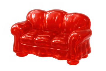 Red gummy sofa representing comfort, sweetness, and unique living room furniture on transparent background