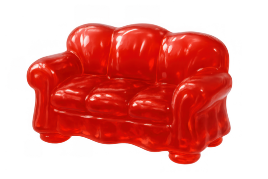 Red gummy sofa representing comfort, sweetness, and unique living room furniture on transparent background