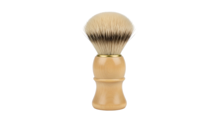 Close-up of a shaving brush with a light wooden handle and a dense, two-toned bristle head