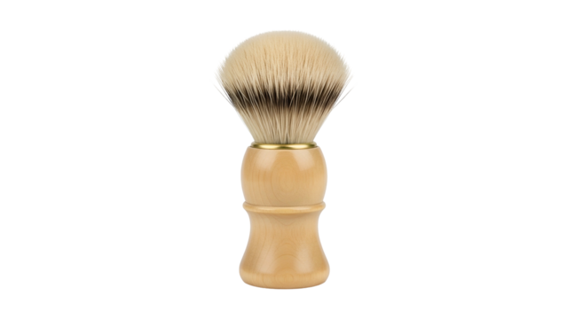 Close-up of a shaving brush with a light wooden handle and a dense, two-toned bristle head