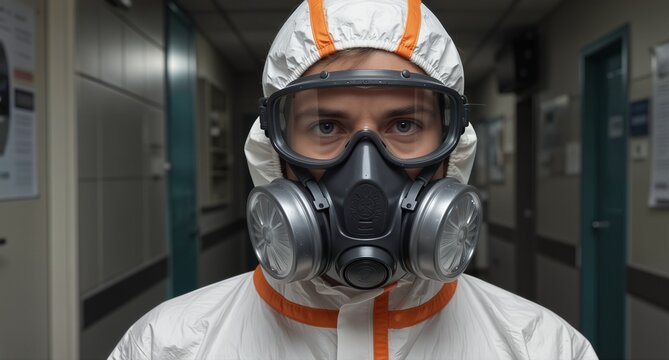 healthcare worker in hazmat suit looking directly at camera in hospital corridor. - Powered by Adobe