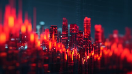 A vibrant visualization of a city skyline with dynamic red light effects, conveying energy and modernity amidst a digital backdrop.