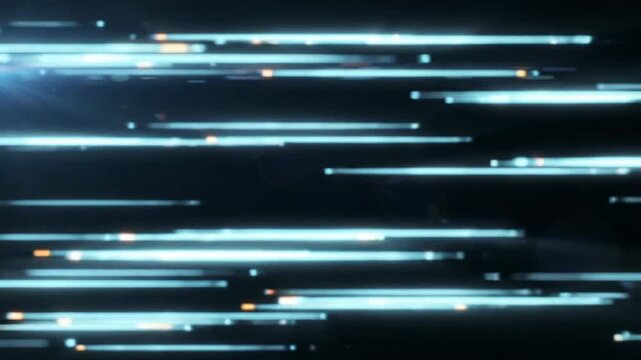 A dynamic, wide-angle video of bright light blue and glowing orange horizontal streaks flowing rapidly across a deep dark void with lens flares, simulating high-speed digital data transfer