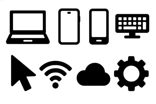 Digital Literacy Icons. Digital literacy development elements silhouette icon set: laptop, smartphone, tablet, keyboard, mouse cursor, wifi signal, cloud icon, settings gear