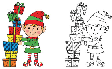 Cute cartoon Christmas elf holding a tall stack of gift boxes, vector illustration with colored version and black and white outline for coloring book page