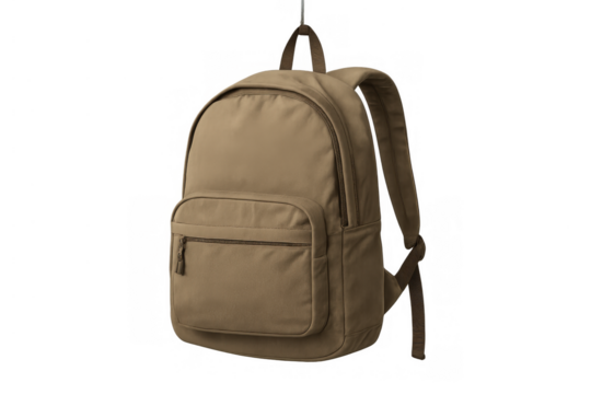 Brown backpack for school or travel, isolated on transparent background, carrying essentials for education and adventure
