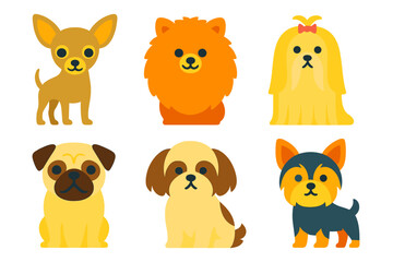 Fototapeta premium Colorful Toy Breed Icons. Toy Breeds flat icon set: chihuahua, pomeranian, maltese, yorkshire terrier, pug, shih tzu