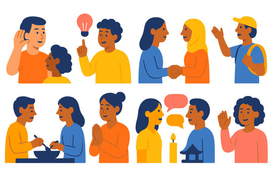 Cultural Awareness Icons. Cultural awareness actions flat icon set: listening gesture, learning moment, respectful exchange, guided tour, shared meal icon, tradition observation