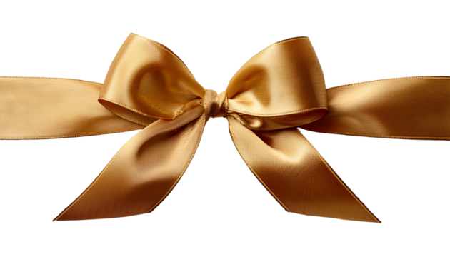 A gold satin ribbon tied in a bow with a horizontal length of ribbon extending on either side of the bow, all on a white surface.