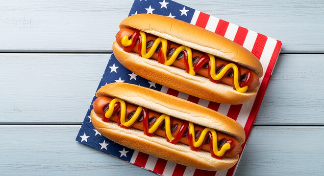 Grilled hot dogs with mustard and ketchup on American flag napkins, summer food and patriotic celebration