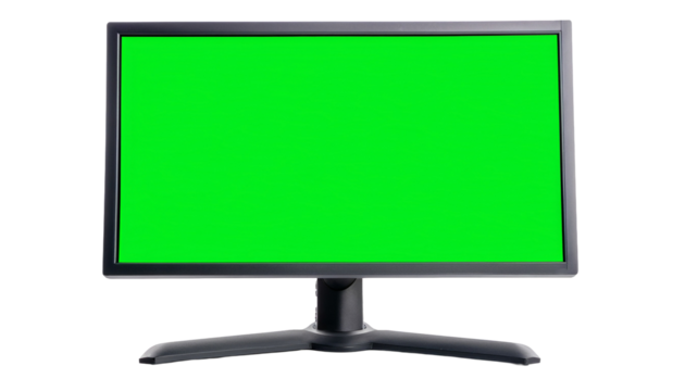 A black framed computer monitor displays a solid bright green screen, centered in the image on a white surface.