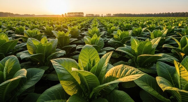 A vast tobacco field with lush green leaves growing in neat rows under the warm golden light of a beautiful sunrise, creating a serene agricultural landscape