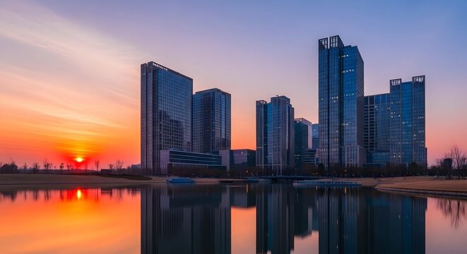 Sunset city skyline with modern towers and glowing waterfront reflections